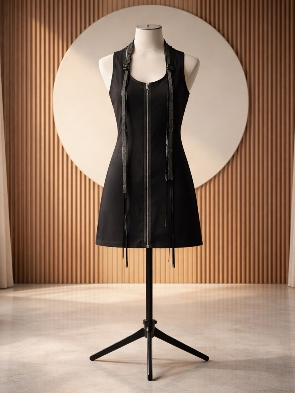 Black Zipper-Front Chain and Leather Collar Sleeveless Dress by Sheri Bodell
